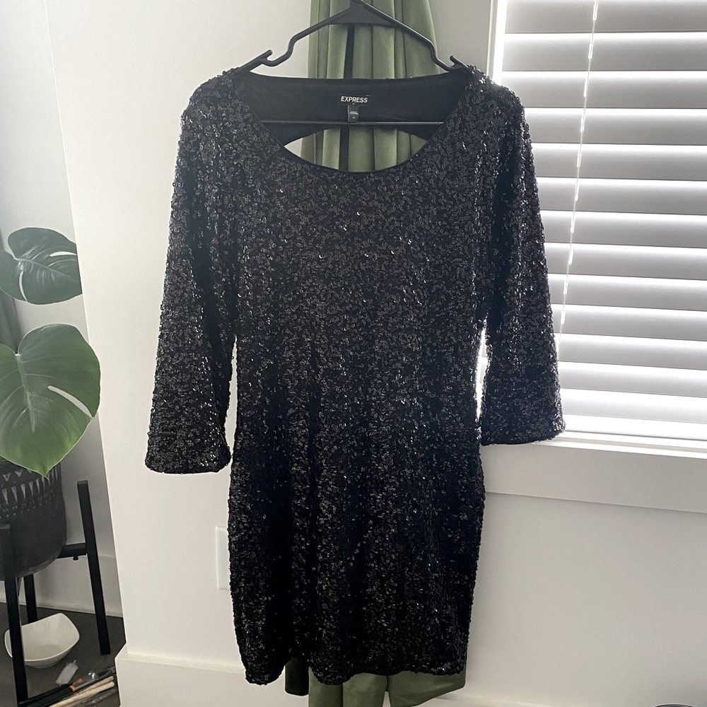 Express Black Sequin Dress 3/4 length sleeve Sz 10